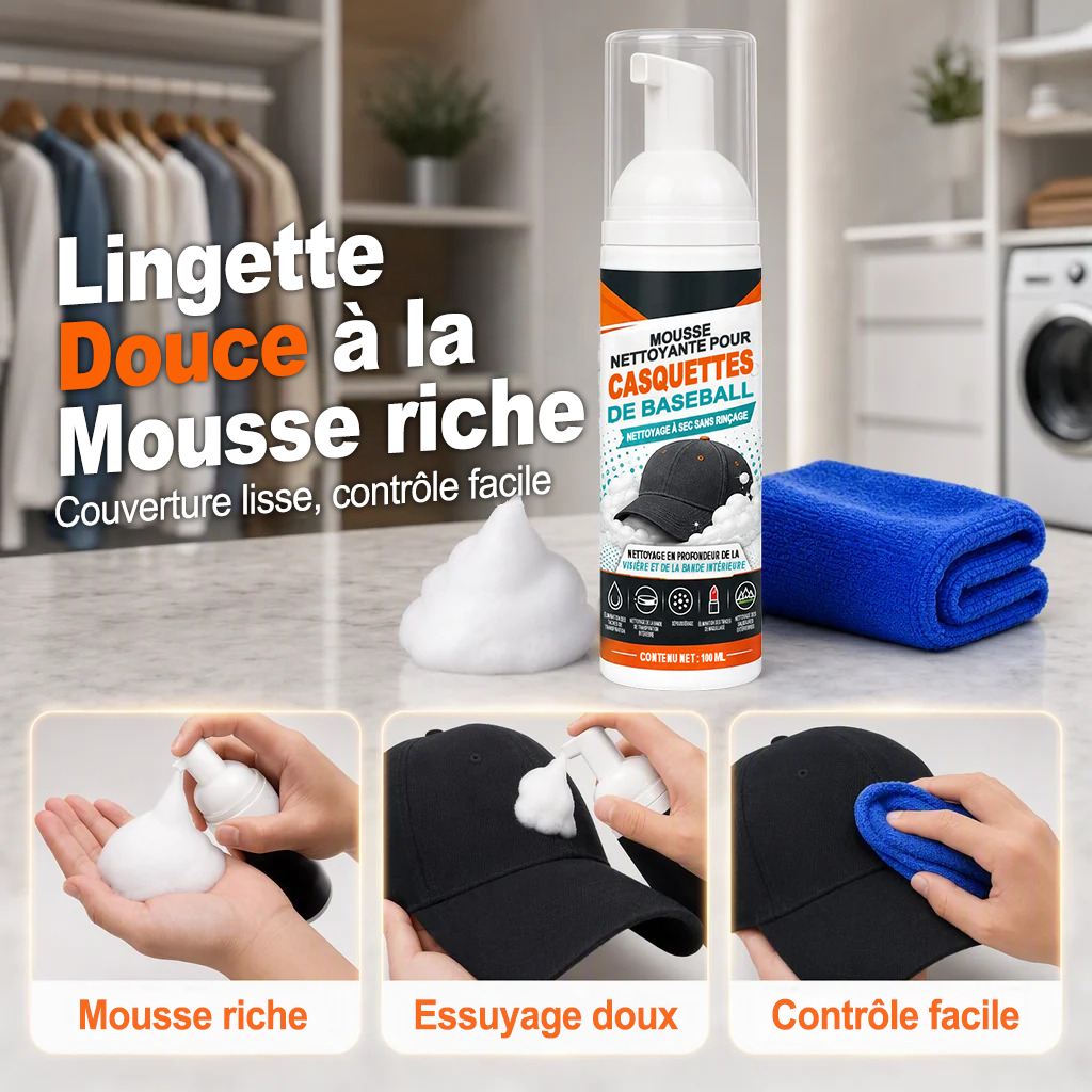 Dernier jour -80% 🔥 | Nettoyant mousse pour casquettes – Sans rinçage, sans traces de transpiration
