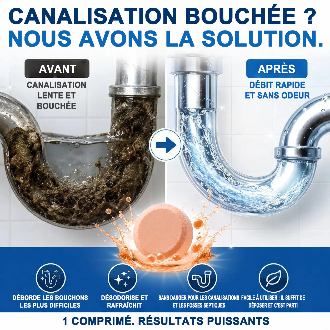 💥 Pastilles nettoyantes moussantes pour canalisations — Oxygène actif | Élimine les nuisibles des canalisations | Sans javel, sans soude caustique, sans danger pour les tuyaux