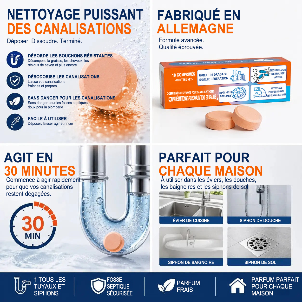💥 Pastilles nettoyantes moussantes pour canalisations — Oxygène actif | Élimine les nuisibles des canalisations | Sans javel, sans soude caustique, sans danger pour les tuyaux