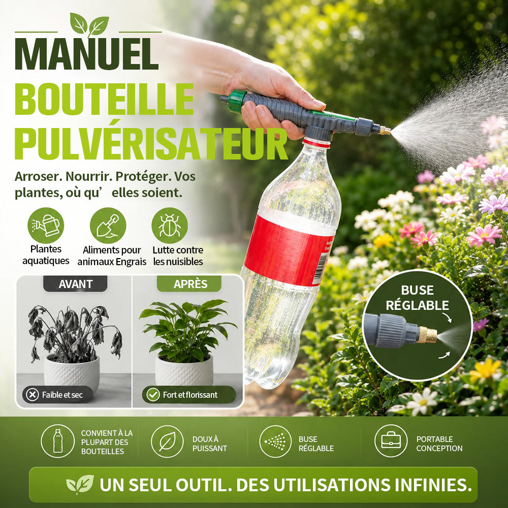 🌿 Pulvérisateur manuel pour bouteille avec buse réglable – Outil de pulvérisation de jardin portable DIY, compatible avec les bouteilles en plastique standard pour l’arrosage des plantes, la fertilisation et le contrôle des nuisibles