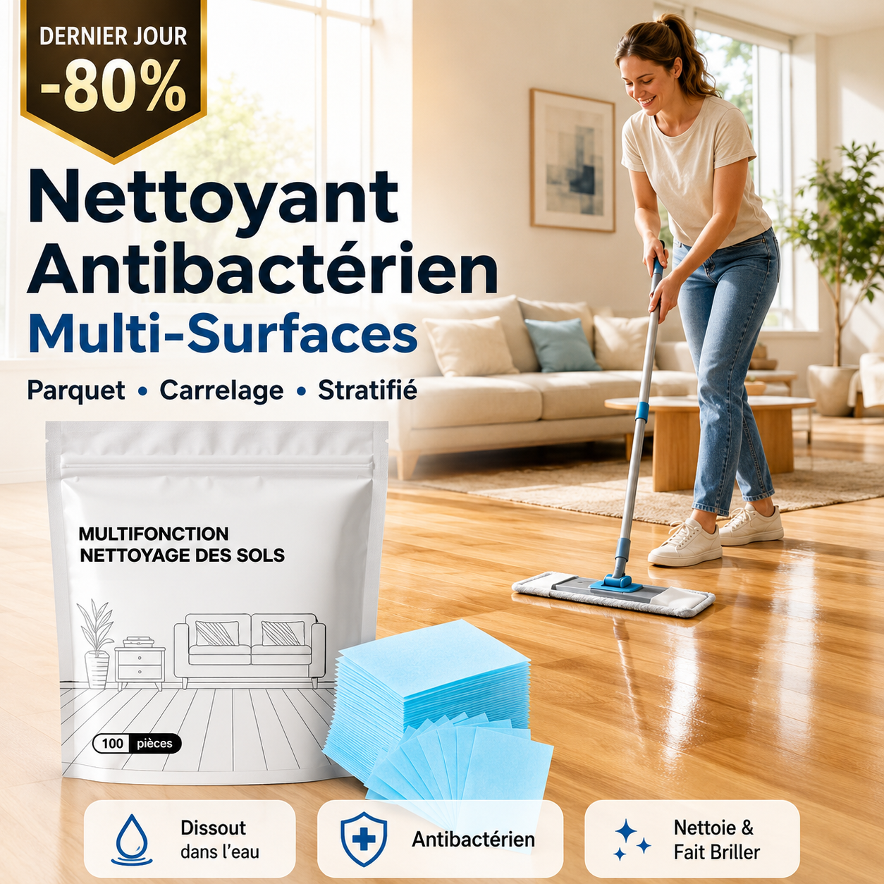 🔥 Dernier Jour -80 % | 100 Pastilles Nettoyantes Antibactériennes Multi-Surfaces